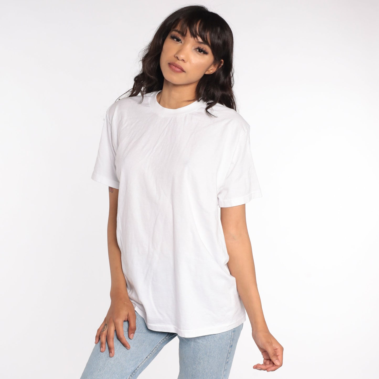 80s Plain White Cotton T-Shirt Single Stitch Crewneck Medium Large