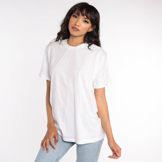 80s Plain White Cotton T-Shirt Single Stitch Crewneck Medium Large