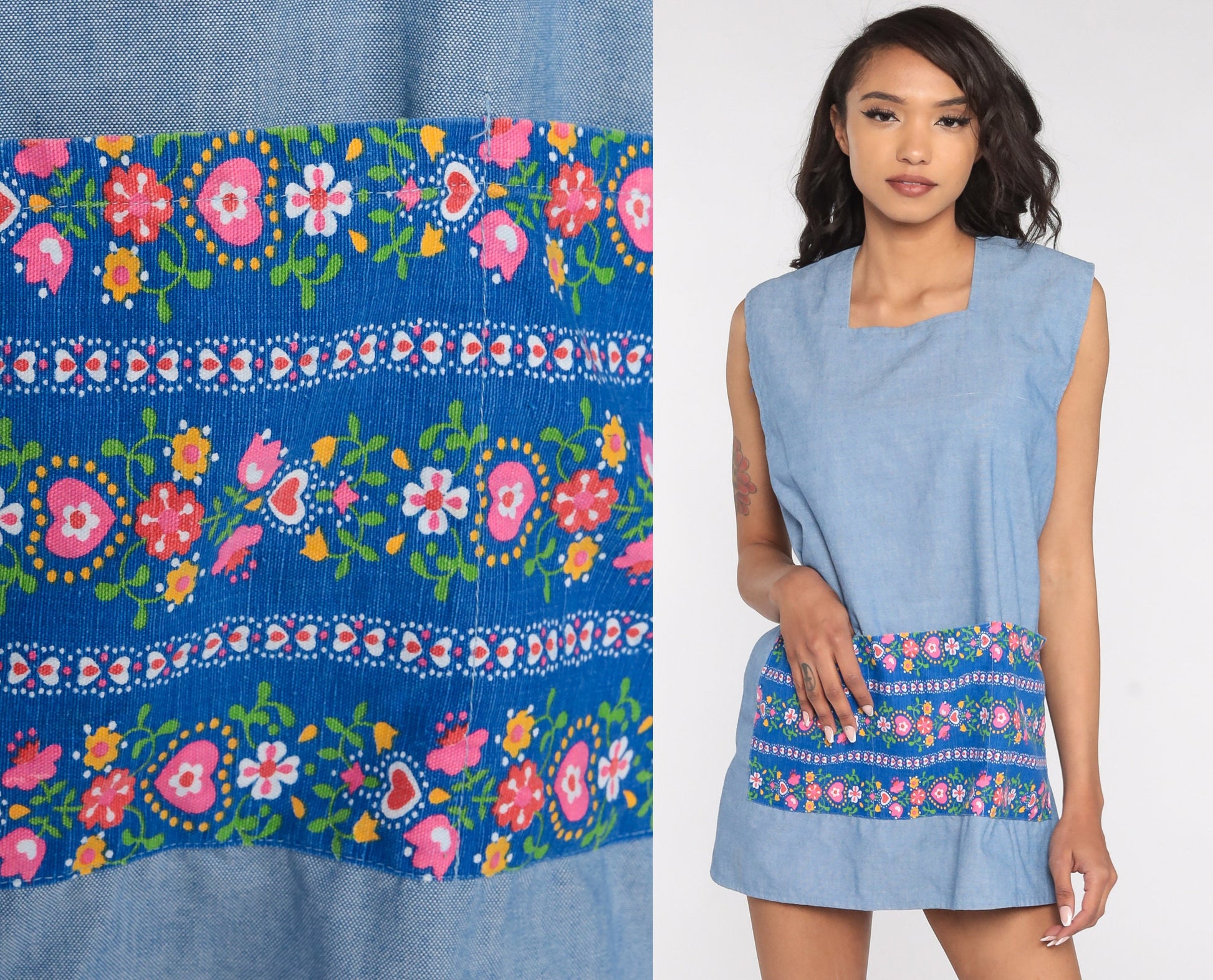 70s Blue Floral Blouse Open Back Sleeveless Cotton Top Small Medium