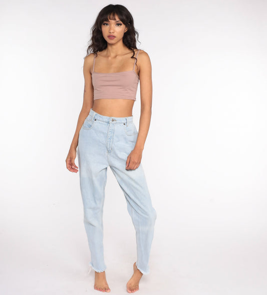 90s High Waisted Blue Denim Jeans Tapered Ankle Raw Hem Small 27
