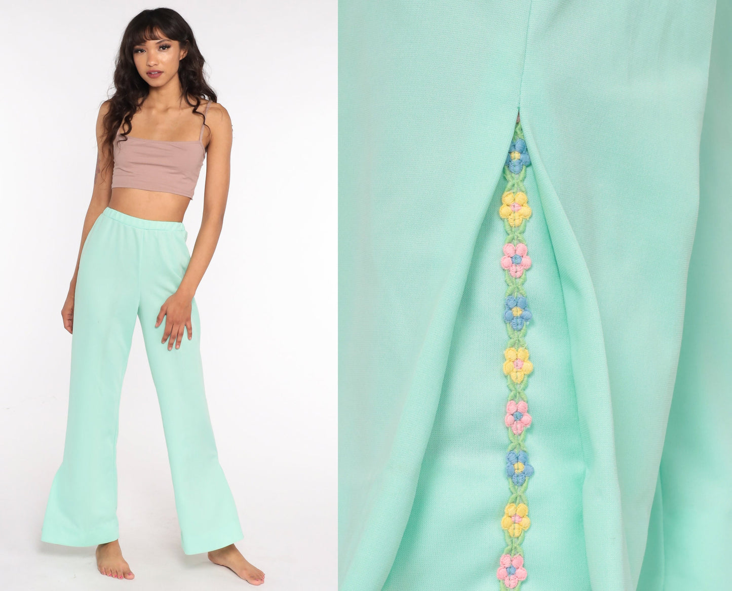 70s Mint Green Floral Bell Bottom Trousers High Waist Small