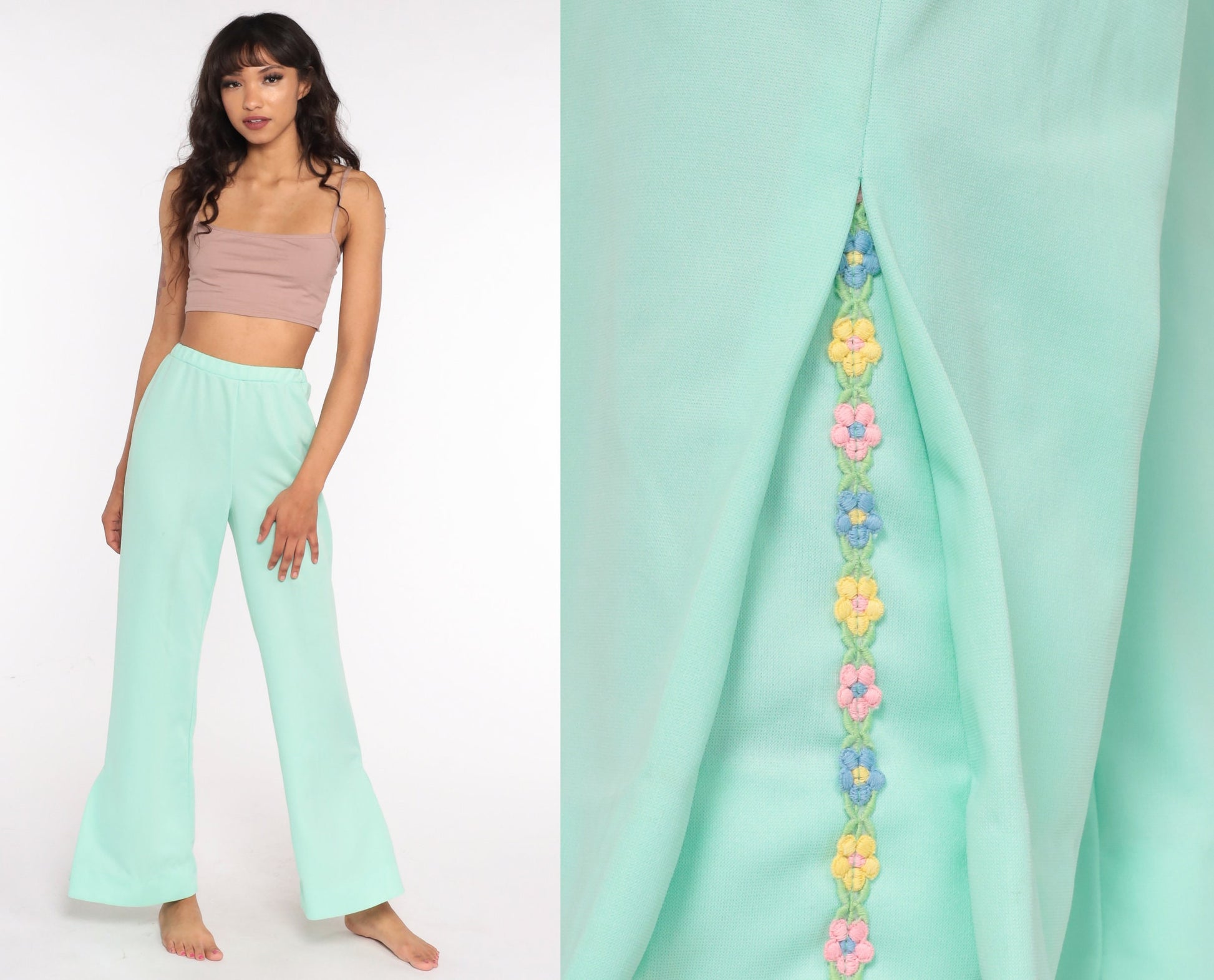 70s Mint Green Floral Bell Bottom Trousers High Waist Small