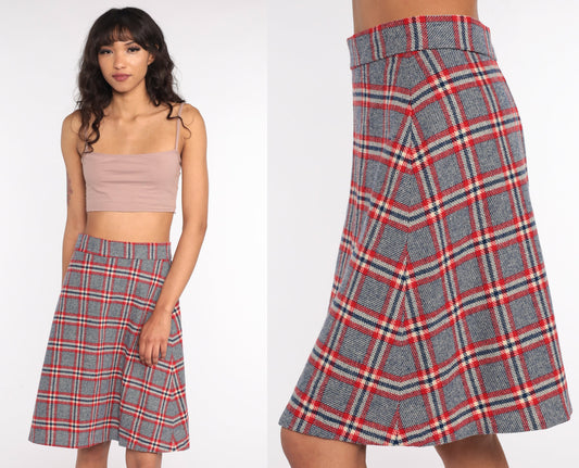 70s Grey Red Checkered Midi Skirt High Waisted Plaid Small