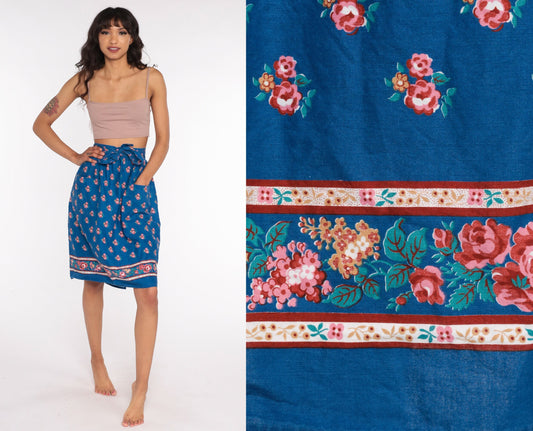 70s Floral Wrap Skirt Midi Blue Print Cotton High Waist Small Medium
