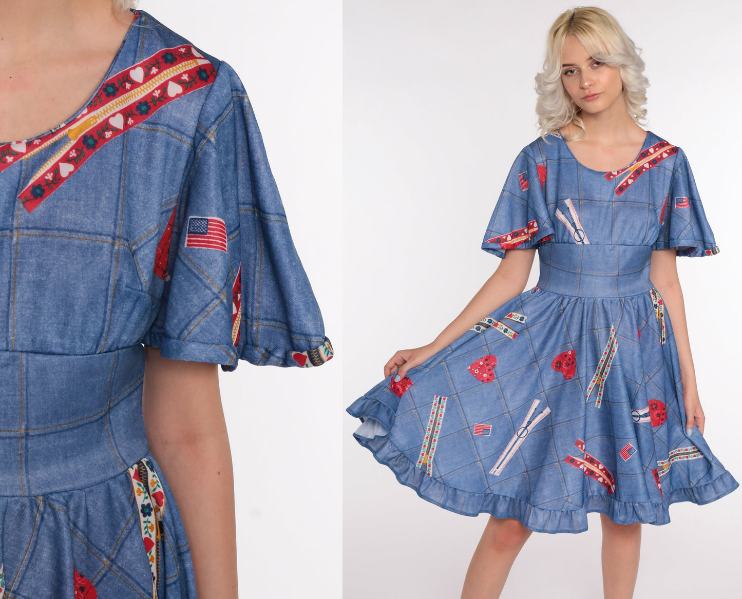 70s Babydoll Mini Dress Heart Zipper Flag Novelty Print Blue Small