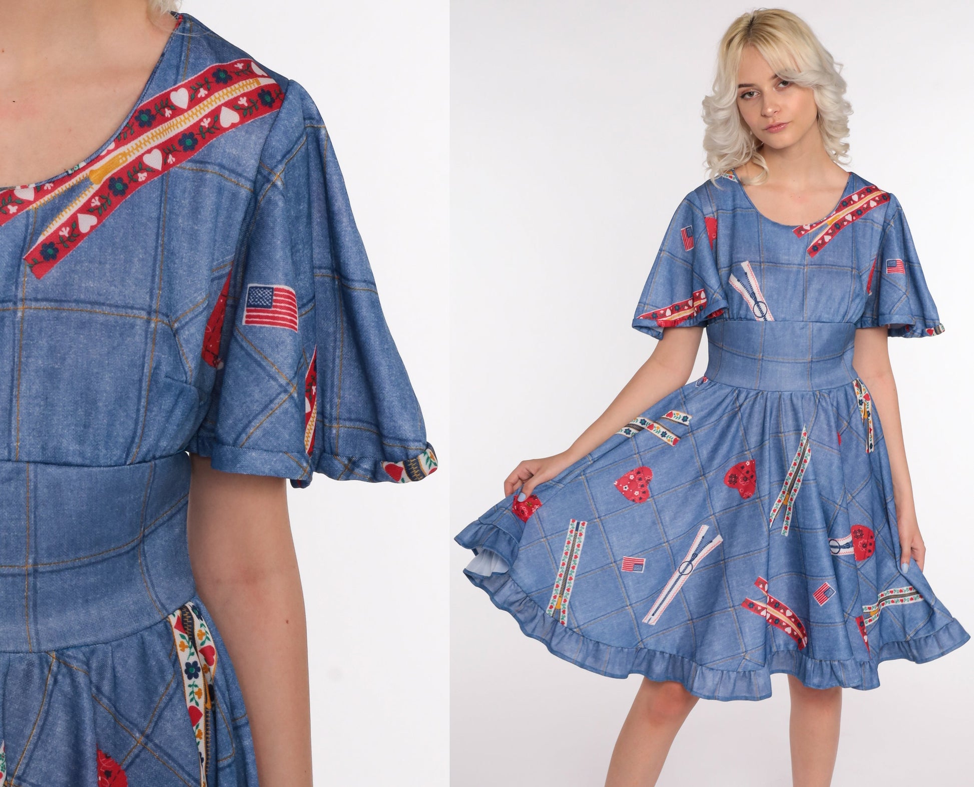 70s Babydoll Mini Dress Heart Zipper Flag Novelty Print Blue Small