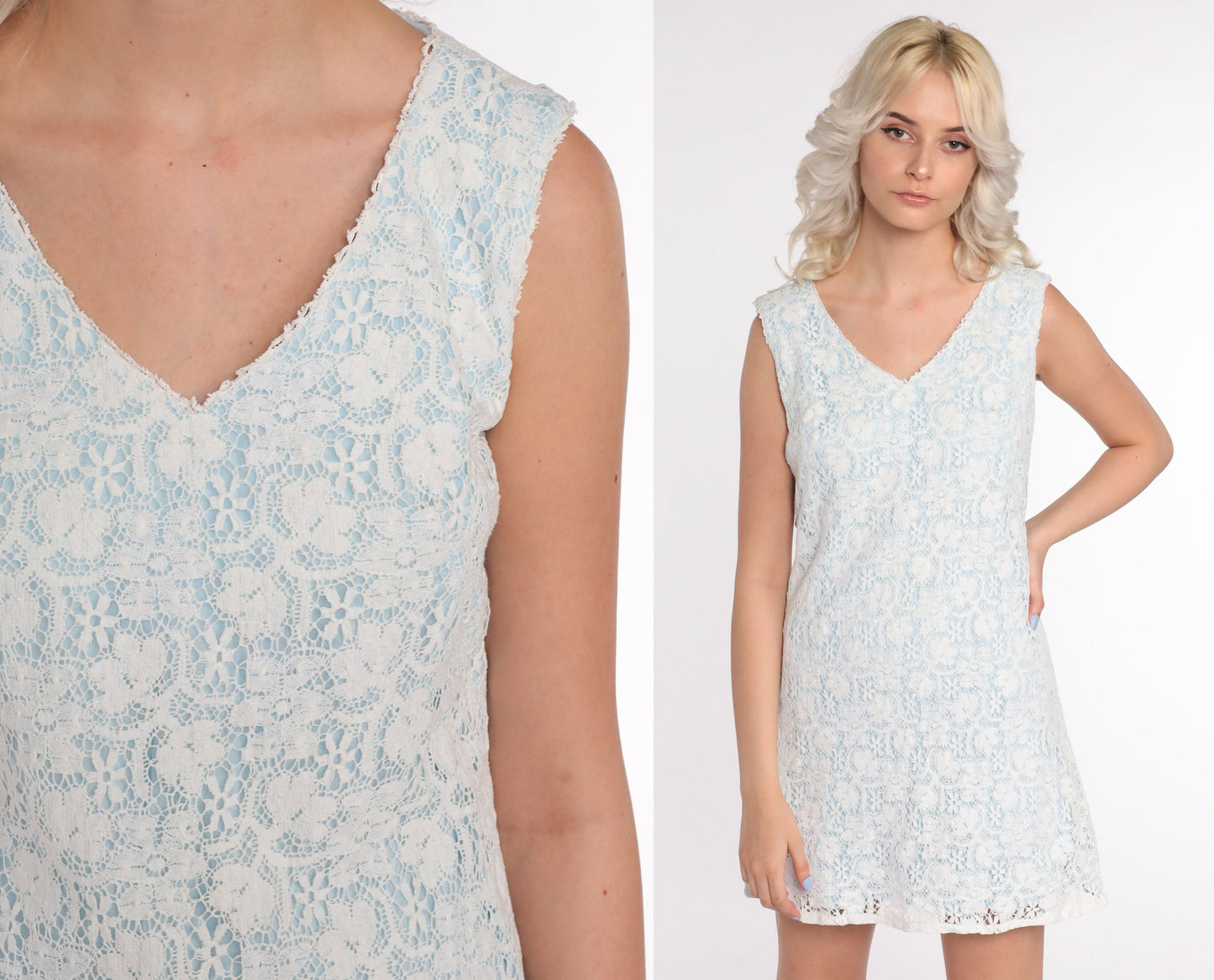 60s White Lace Mini Shift Dress Blue Lining Mod Cocktail Small