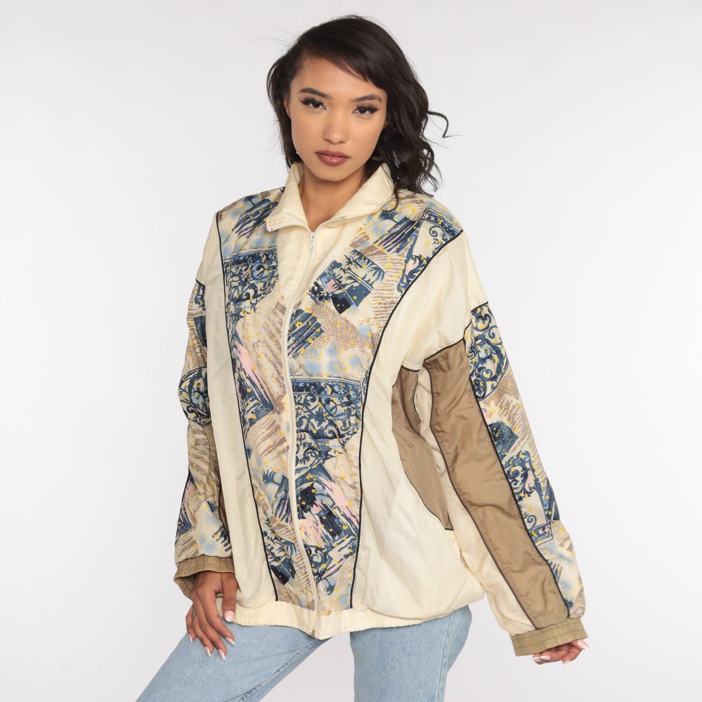 90s Windbreaker Jacket Cream Abstract Print Nylon Extra Large XL