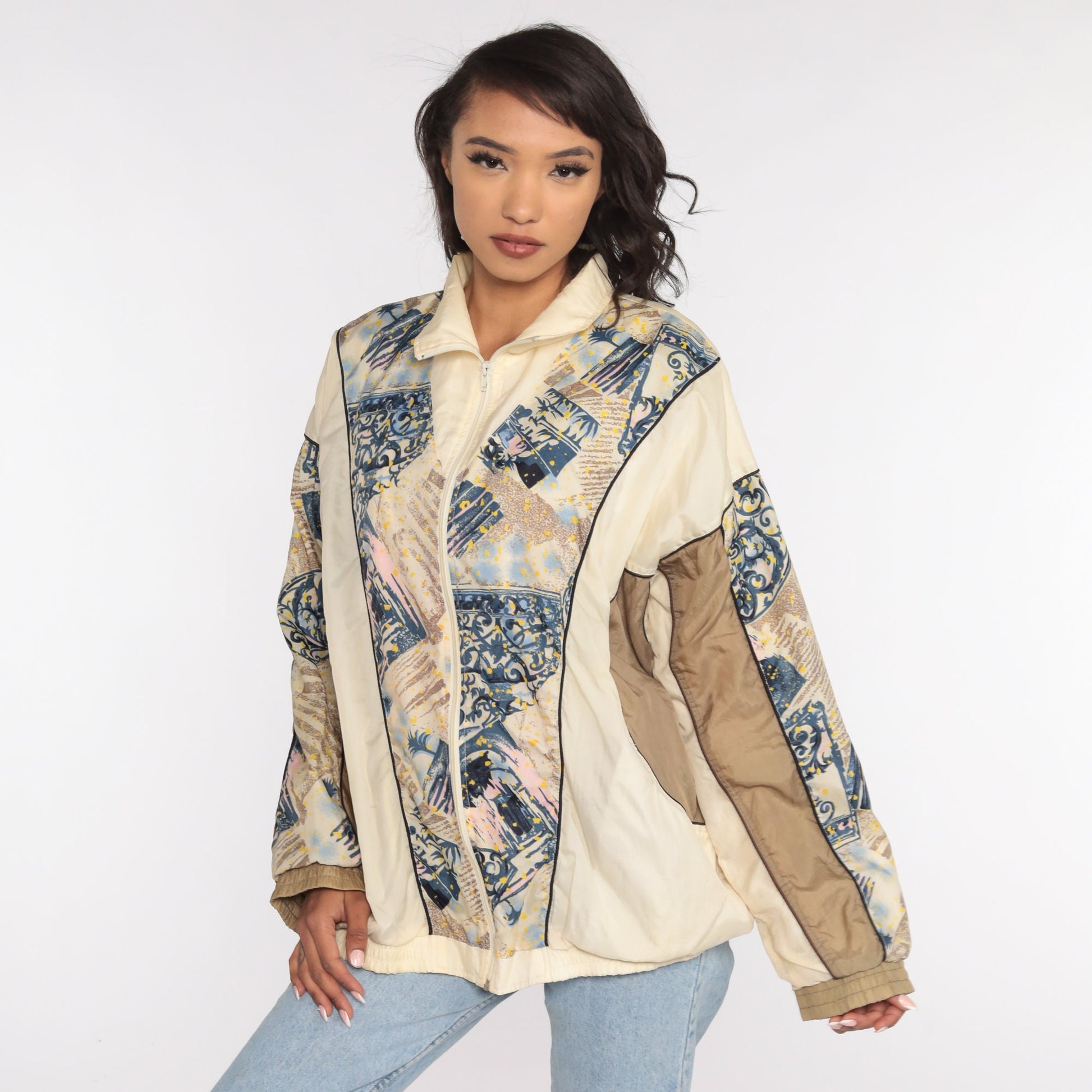 90s Windbreaker Jacket Cream Abstract Print Nylon Extra Large XL