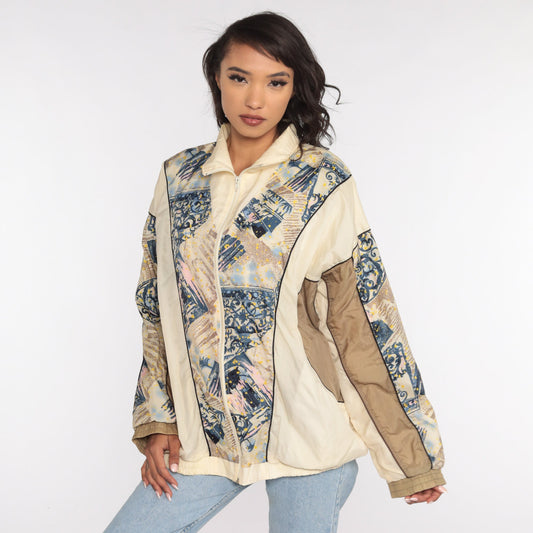 90s Windbreaker Jacket Cream Abstract Print Nylon Extra Large XL