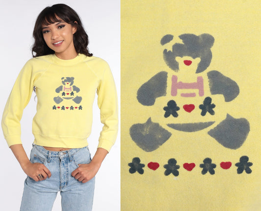 80s Teddy Bear Print Raglan Sweatshirt Yellow Graphic Crewneck XXS