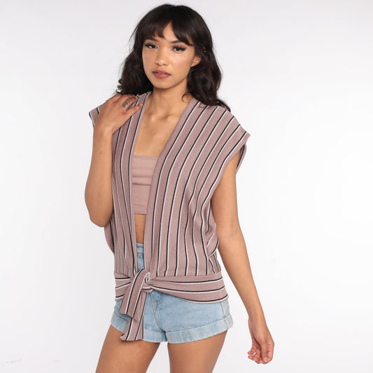 70s Taupe Striped Knit Tank Top Deep V Neck Sleeveless Plunge Small Medium Large