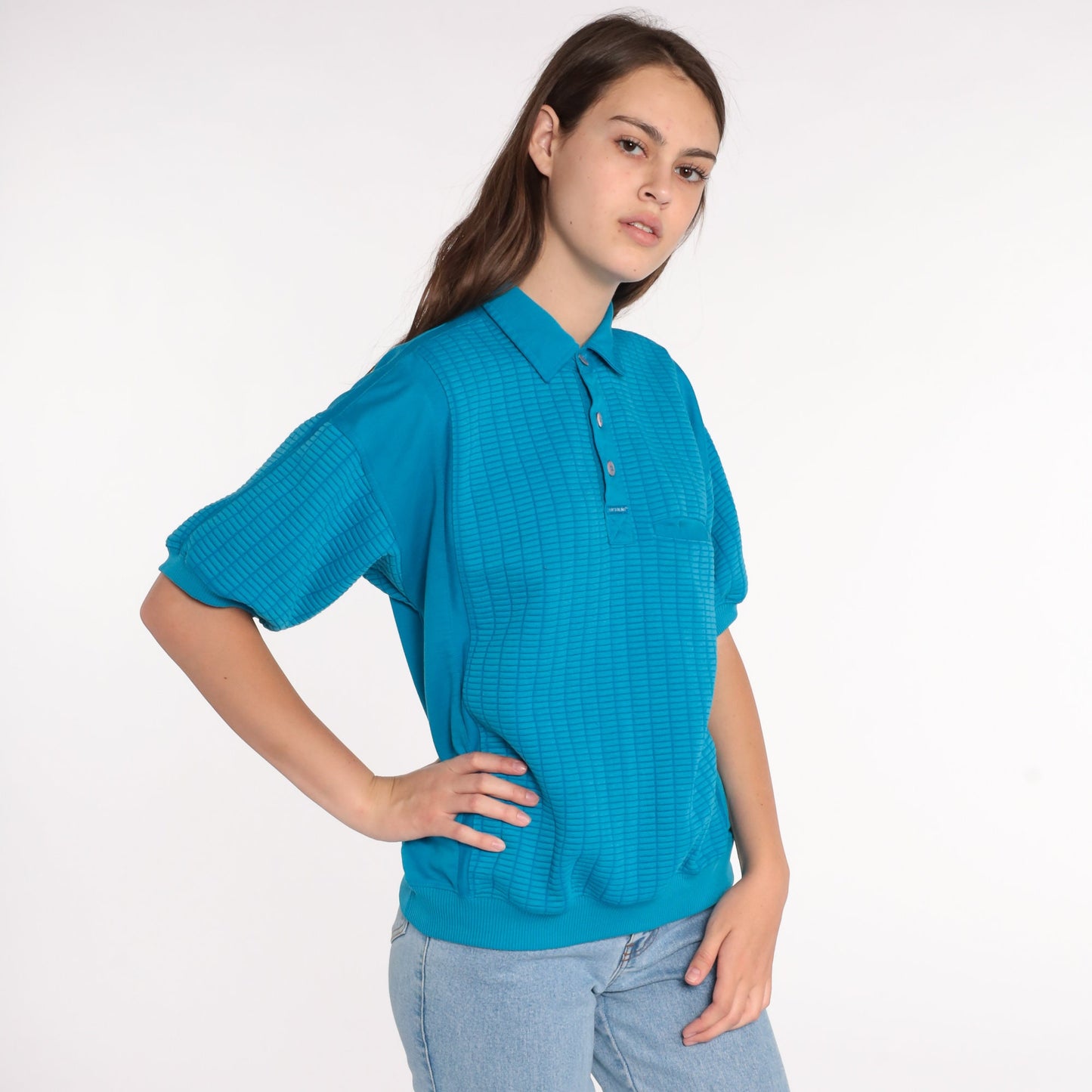 80s Blue Polo Shirt Short Sleeve Button Neck Vintage Top Large