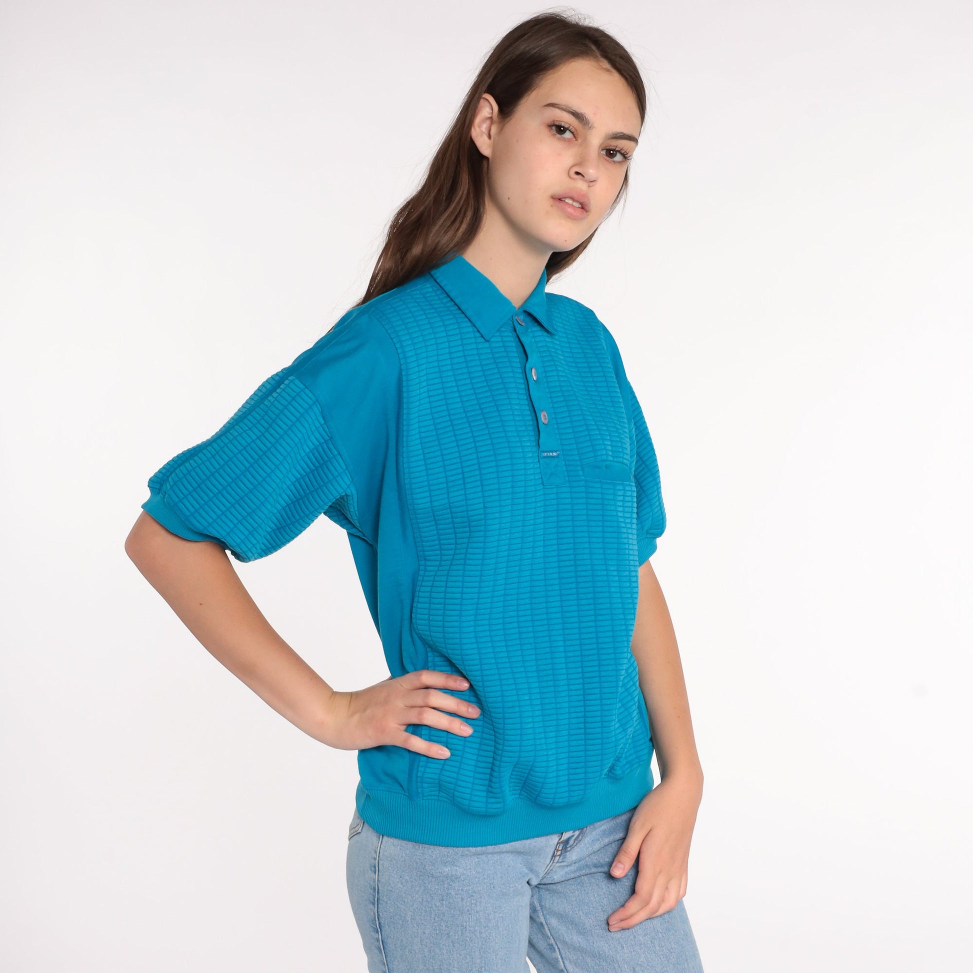 80s Blue Polo Shirt Short Sleeve Button Neck Vintage Top Large