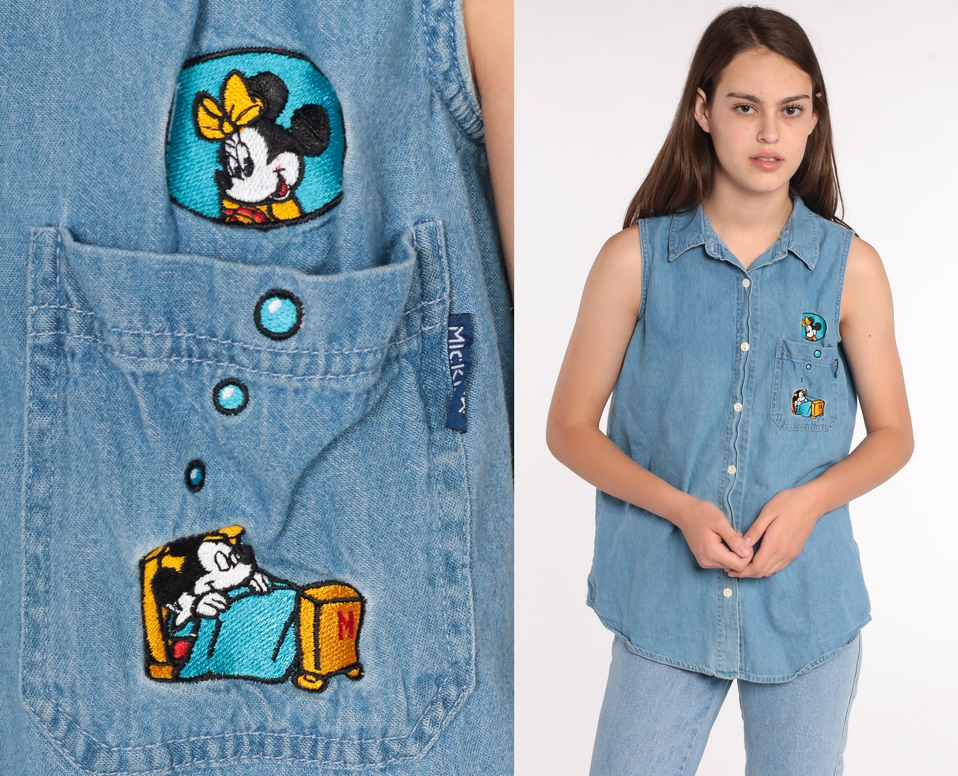 90s Mickey and Minnie Mouse Denim Shirt Disney Blue Cotton Medium