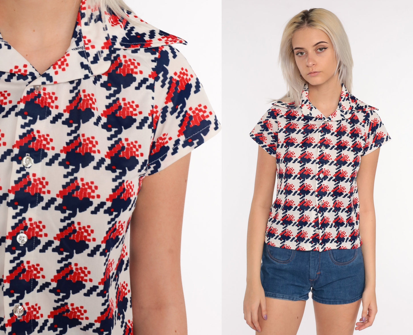 70s Geometric Print Button Up Shirt Brown Red White Blue Small