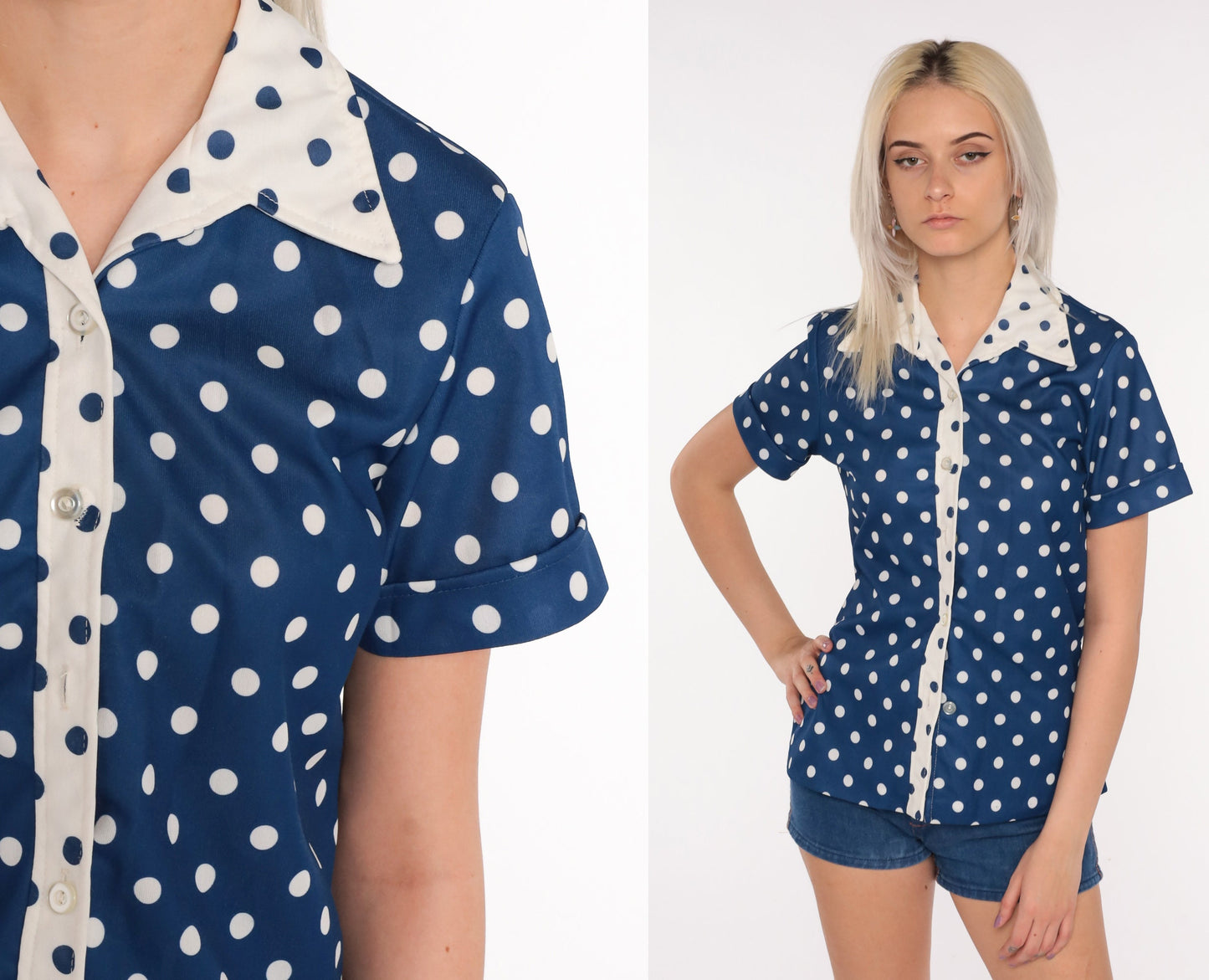70s Blue Polka Dot Button-Up Blouse Dagger Collar Short Sleeve Small Medium
