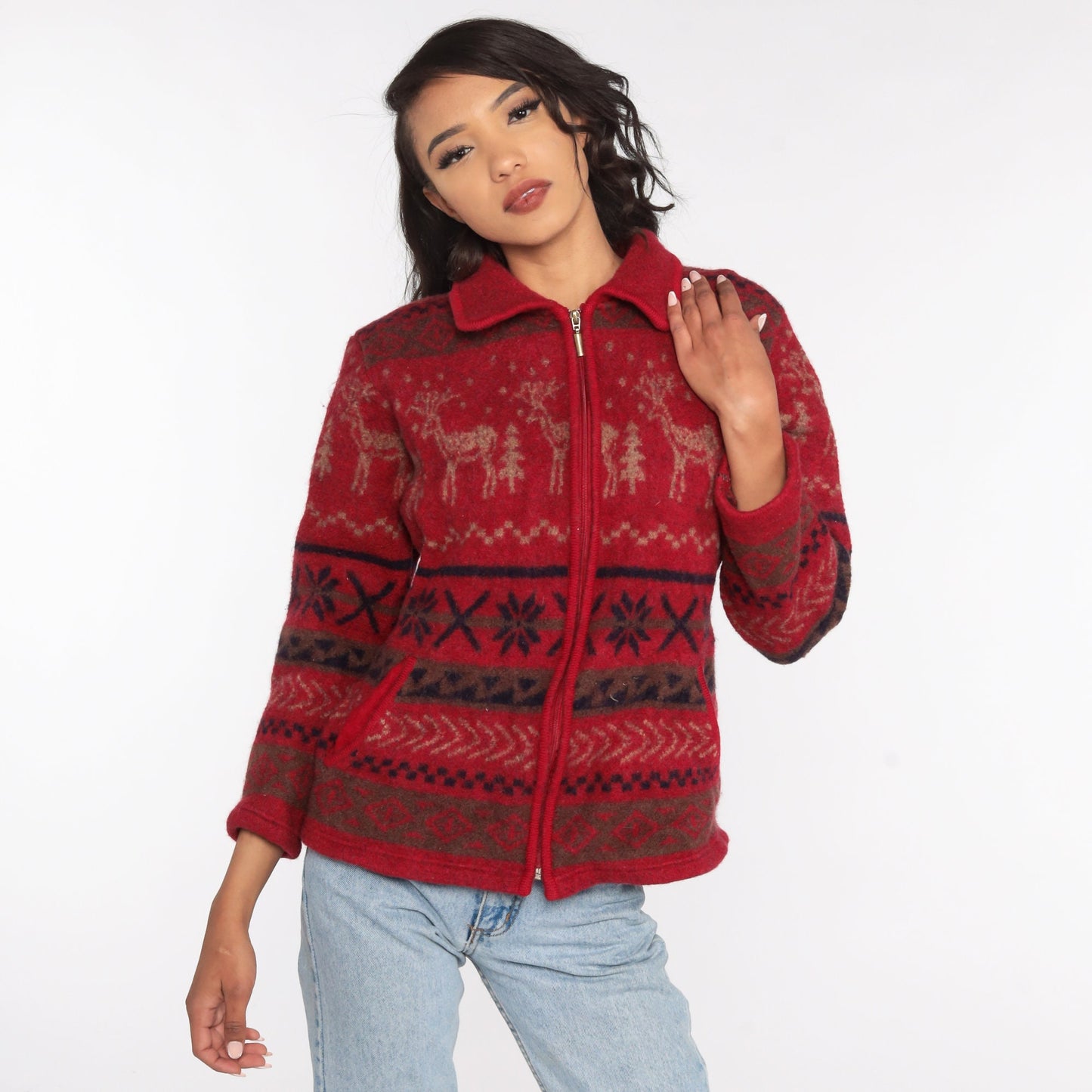 90s Venezia Wool Nordic Reindeer Zip Jacket Red Fair Isle Large L