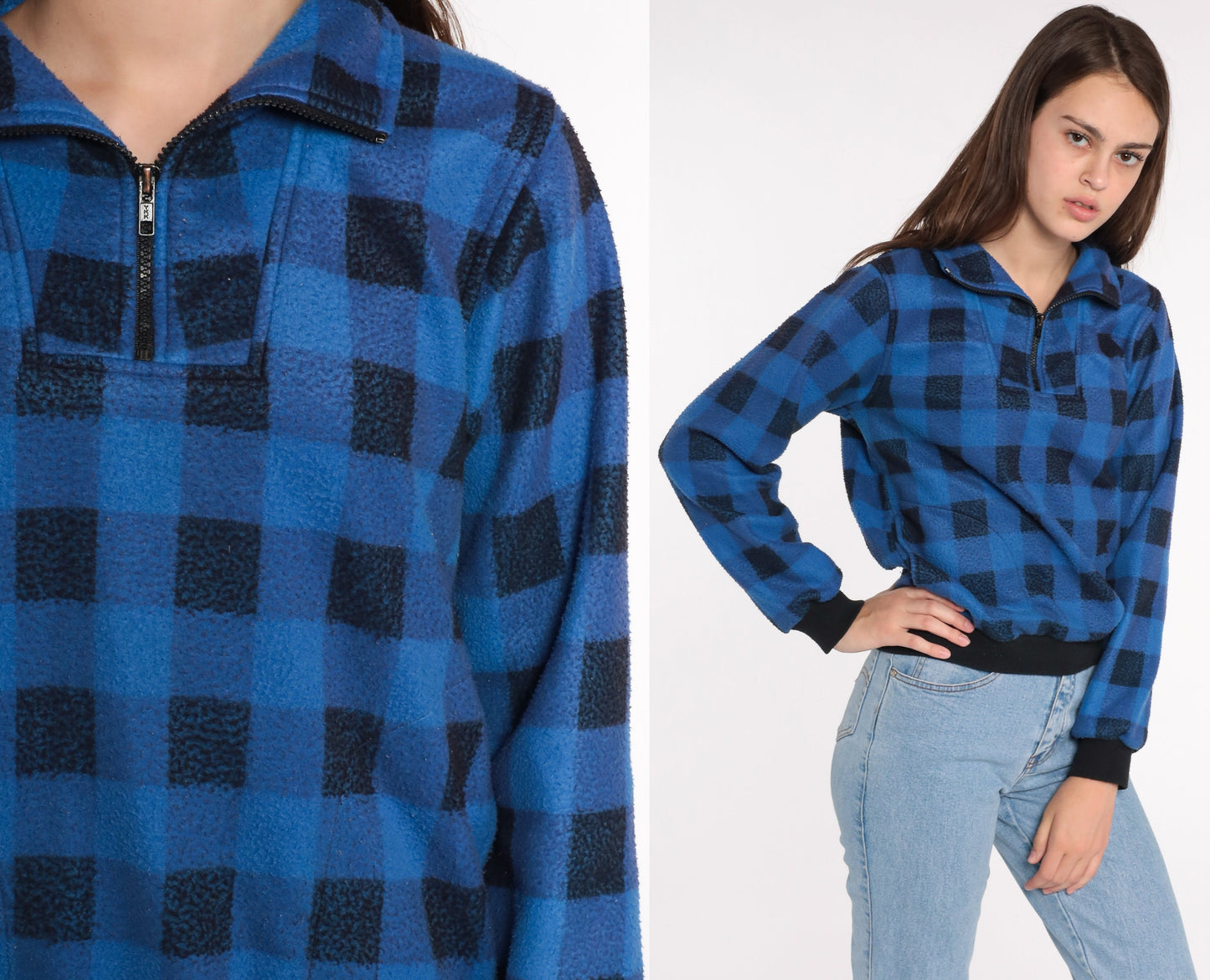 90s Buffalo Plaid Fleece Quarter Zip Jacket Blue Black Small