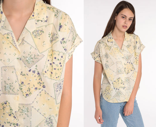 80s Tap & Co Floral Button-Up Blouse Yellow Cap Sleeve Medium