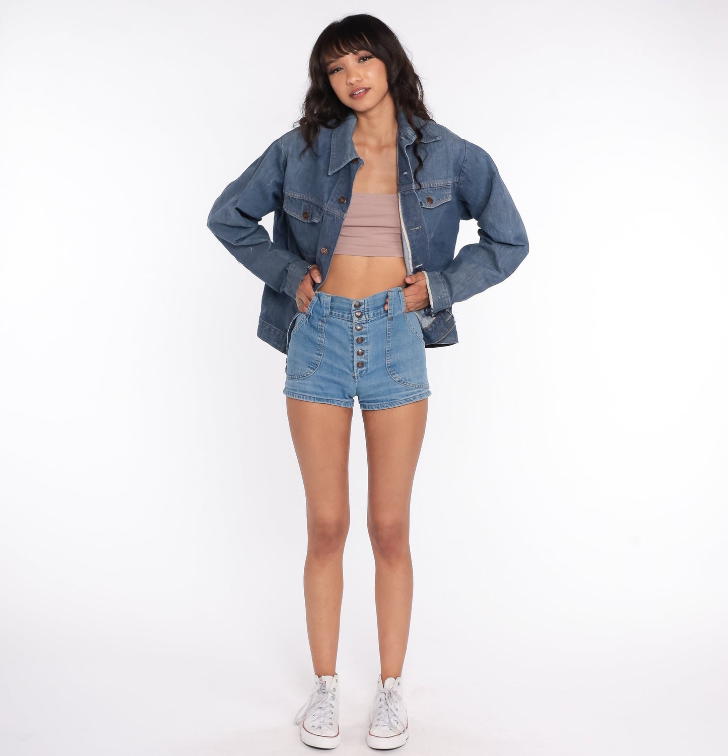 70s Roebucks Denim Jacket Blue Button-Up Biker Jean Medium