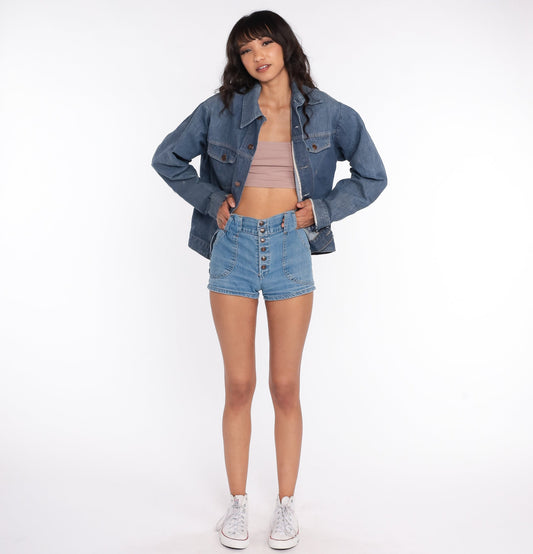 70s Roebucks Denim Jacket Blue Button-Up Biker Jean Medium