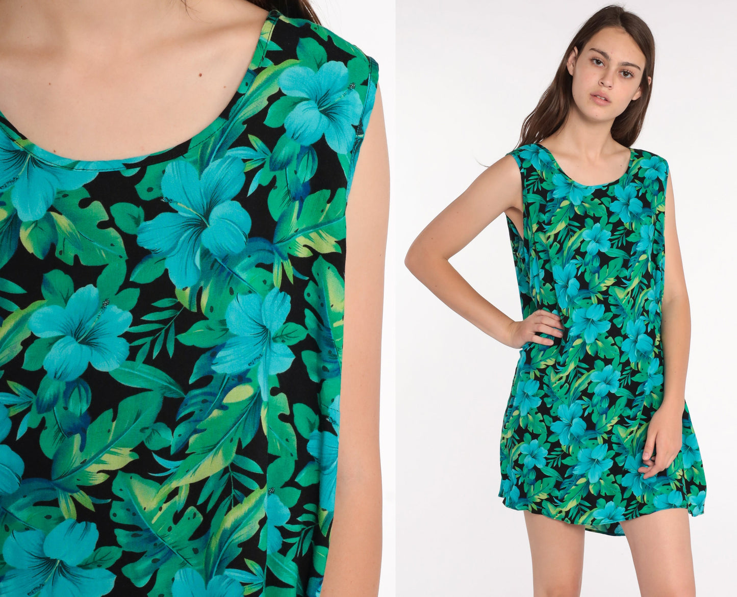 90s Tropical Floral Mini Dress Shift Sleeveless Rayon Extra Large XXL