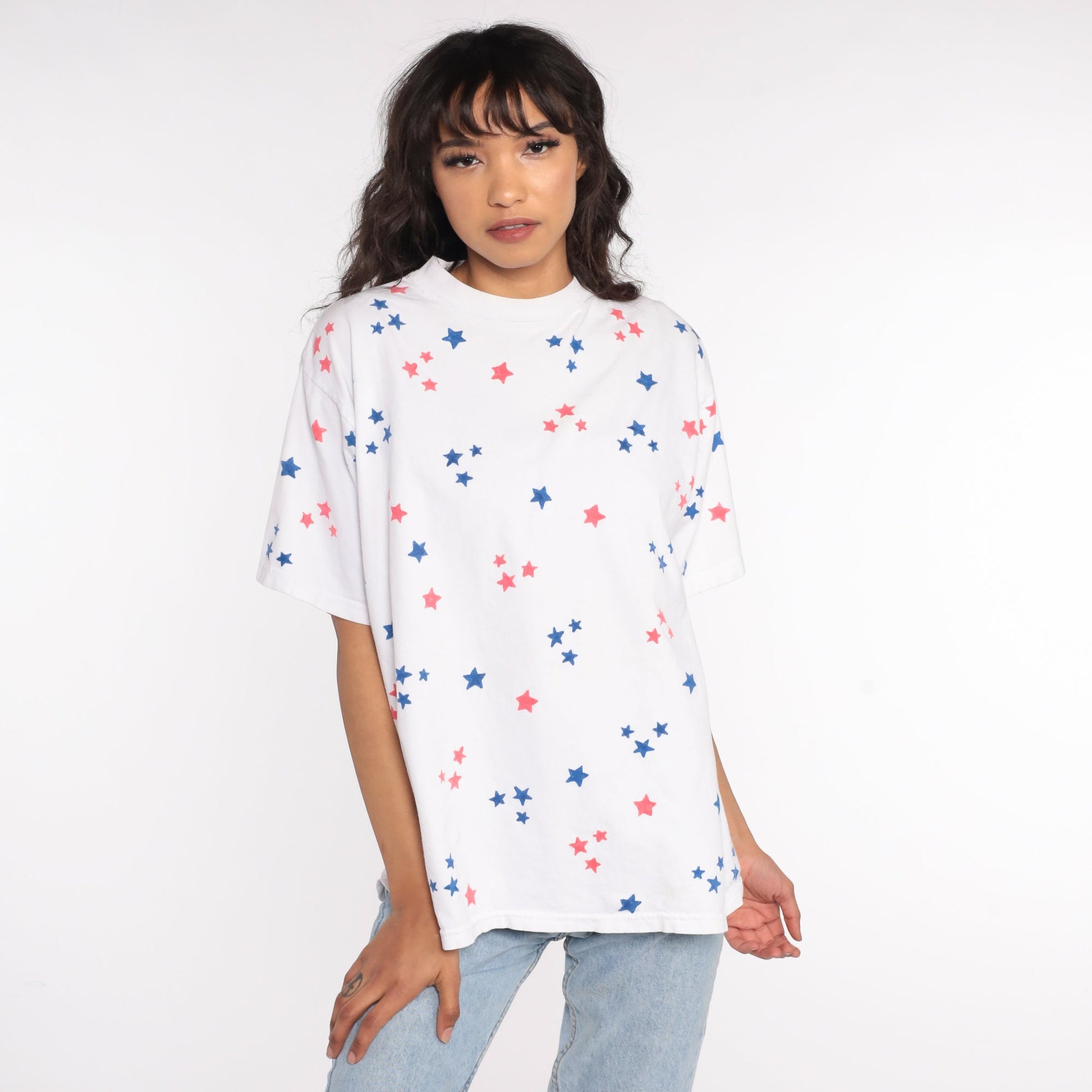 80s Star Print T-Shirt Red White Blue Geometric All Over Graphic Cotton Large