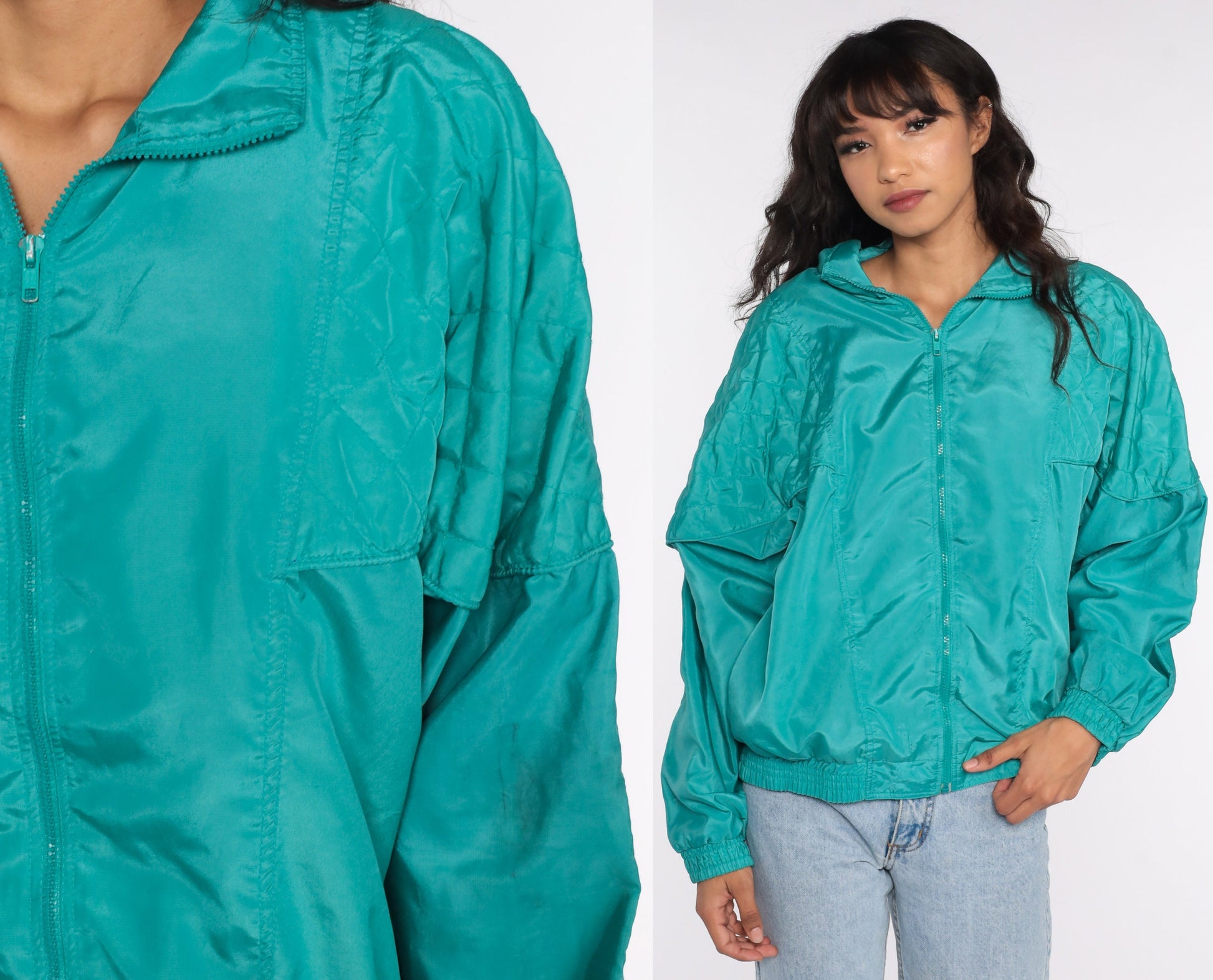 80s Turquoise Quilted Windbreaker Jacket Zip Up Large