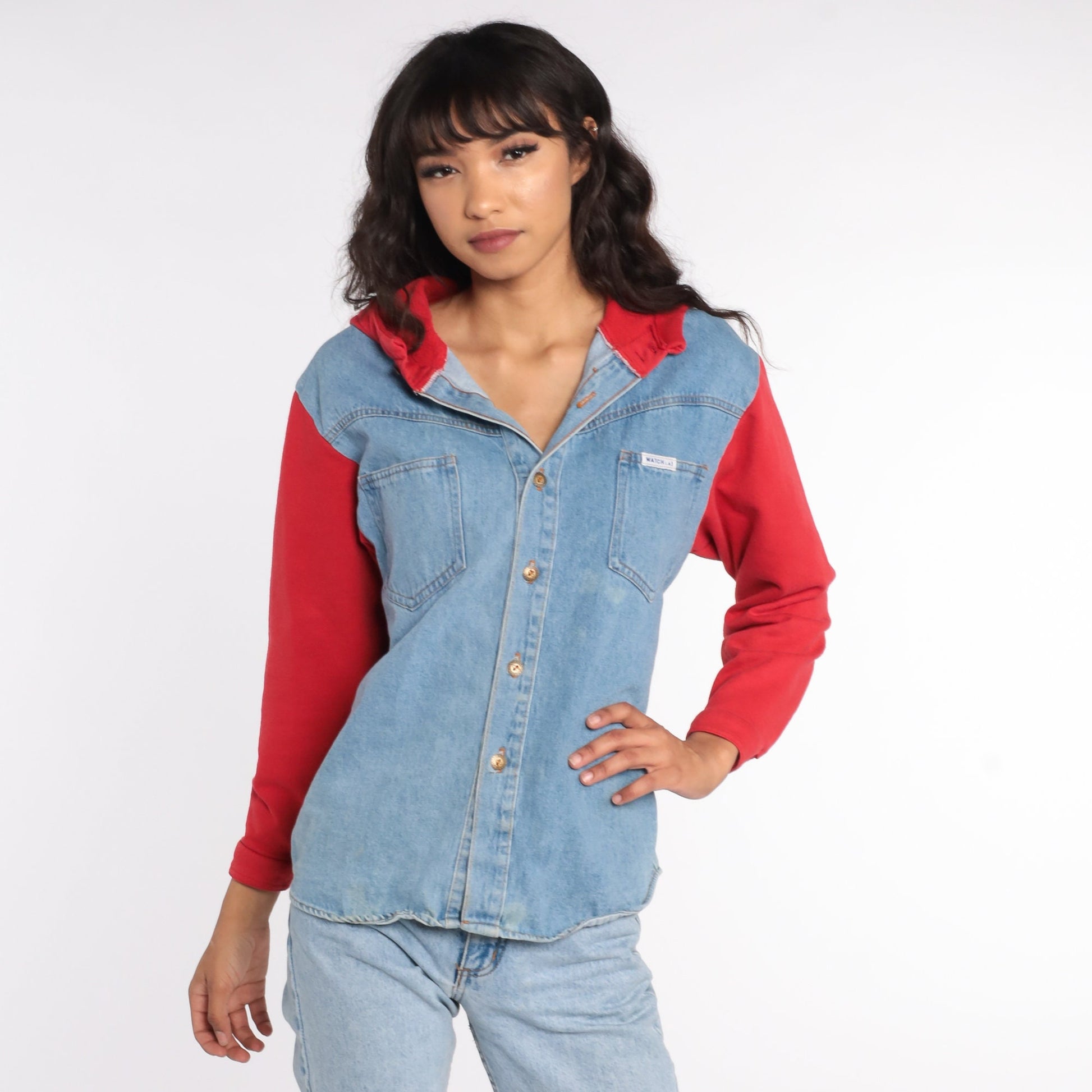 90s Blue Denim Hooded Button-Up Shirt Red Hood Cotton Small