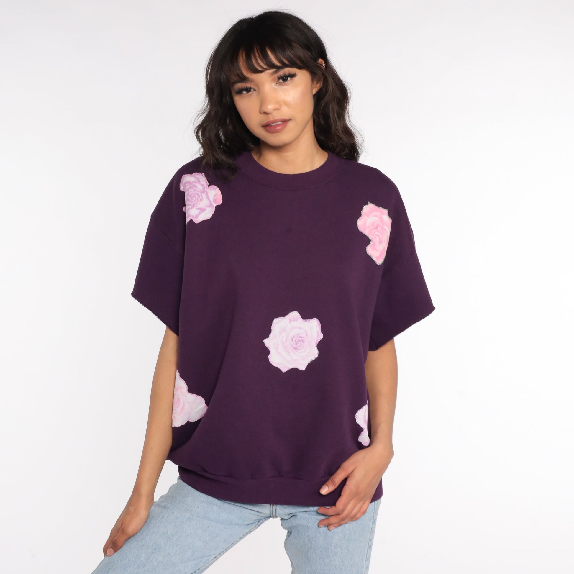 80s Jerzees Floral Short Sleeve Sweatshirt Purple Extra Large XL