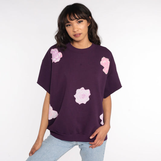 80s Jerzees Floral Short Sleeve Sweatshirt Purple Extra Large XL