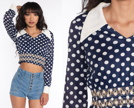70s Blue Polka Dot Smocked Shirt Dagger Collar Long Sleeve Cropped Blouse Small