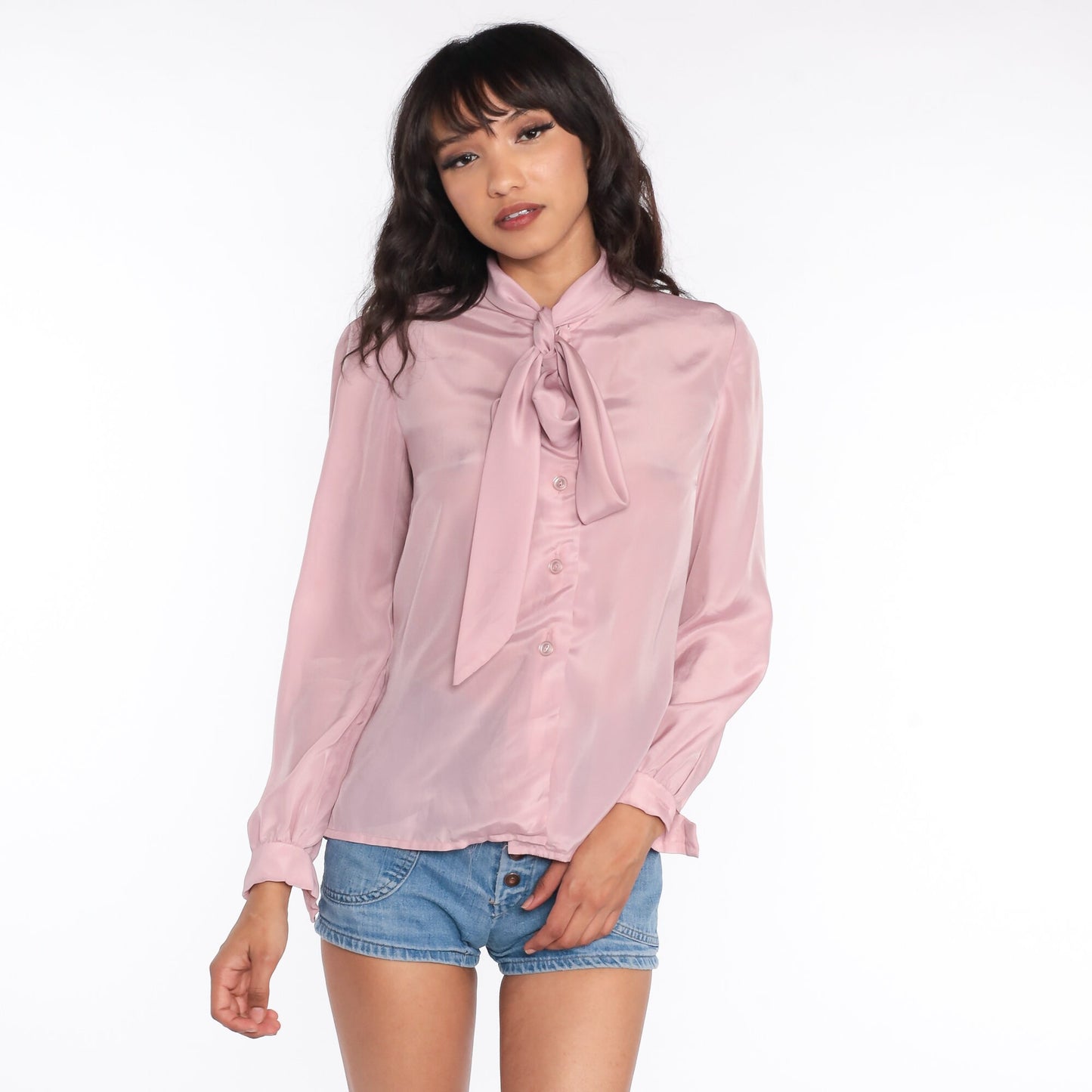 70s 80s Pink Ascot Bow Blouse Long Sleeve Button Up Medium