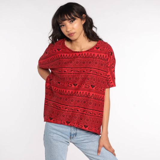 90s Geometric Diamond Print T-Shirt Red Graphic Tee Large