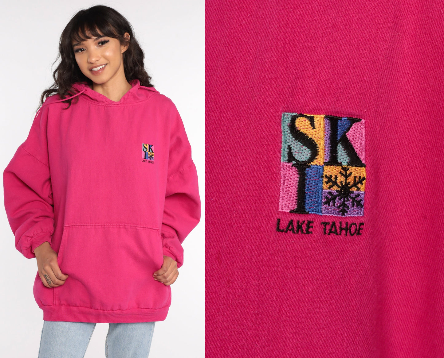 90s Lake Tahoe Ski Hoodie Sweatshirt Hot Pink Graphic Extra Large XXL
