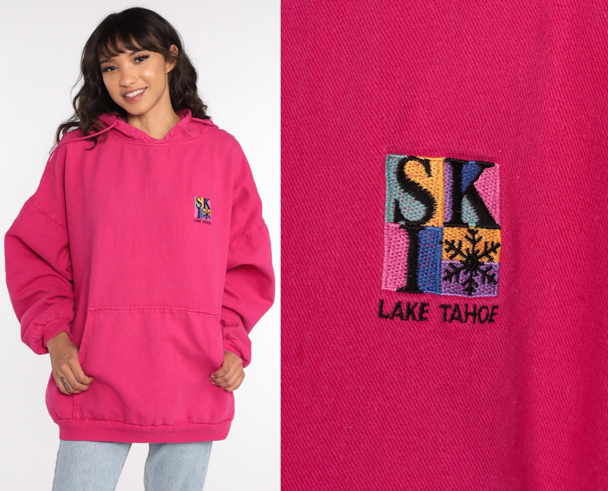 90s Lake Tahoe Ski Hoodie Sweatshirt Hot Pink Graphic Extra Large XXL