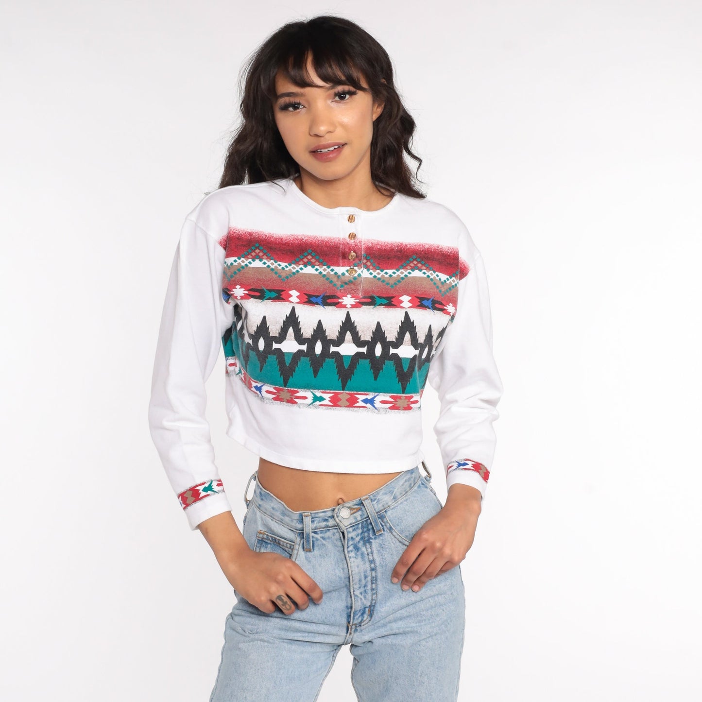 80s Southwestern Geometric Crop Top Striped Long Sleeve Cotton Medium