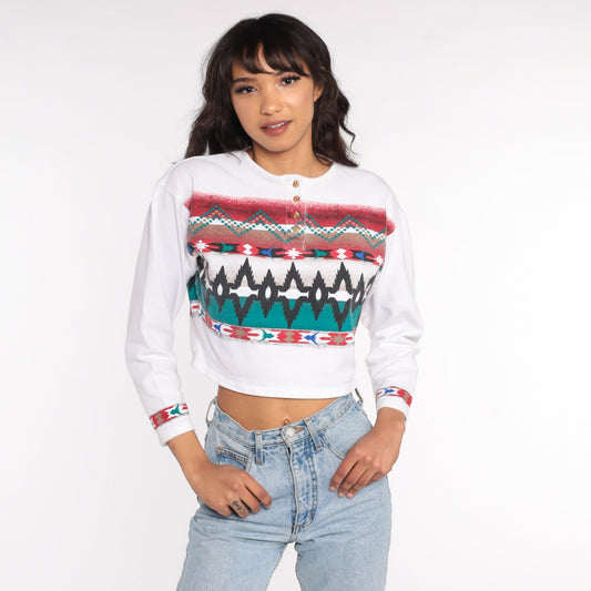 80s Southwestern Geometric Crop Top Striped Long Sleeve Cotton Medium