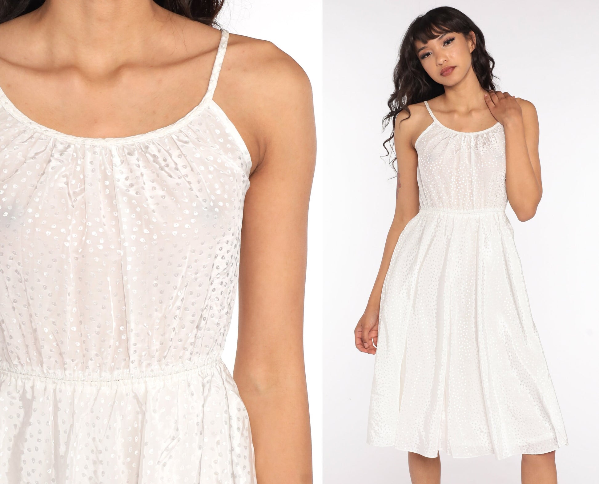 1970s White Polka Dot Grecian Midi Dress Spaghetti Strap High Waist Small
