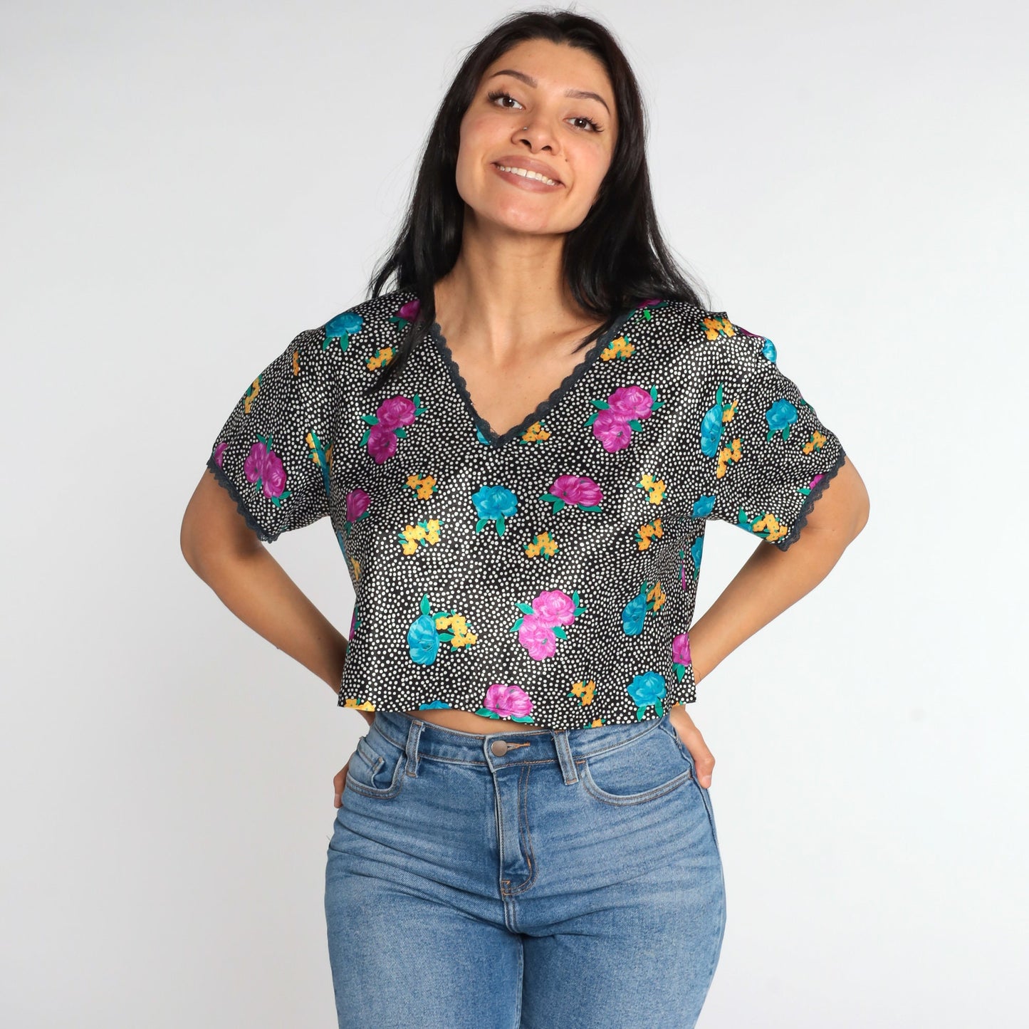 90s Black Floral Polka Dot Blouse Lace Trim V-Neck Short Sleeve Medium Large