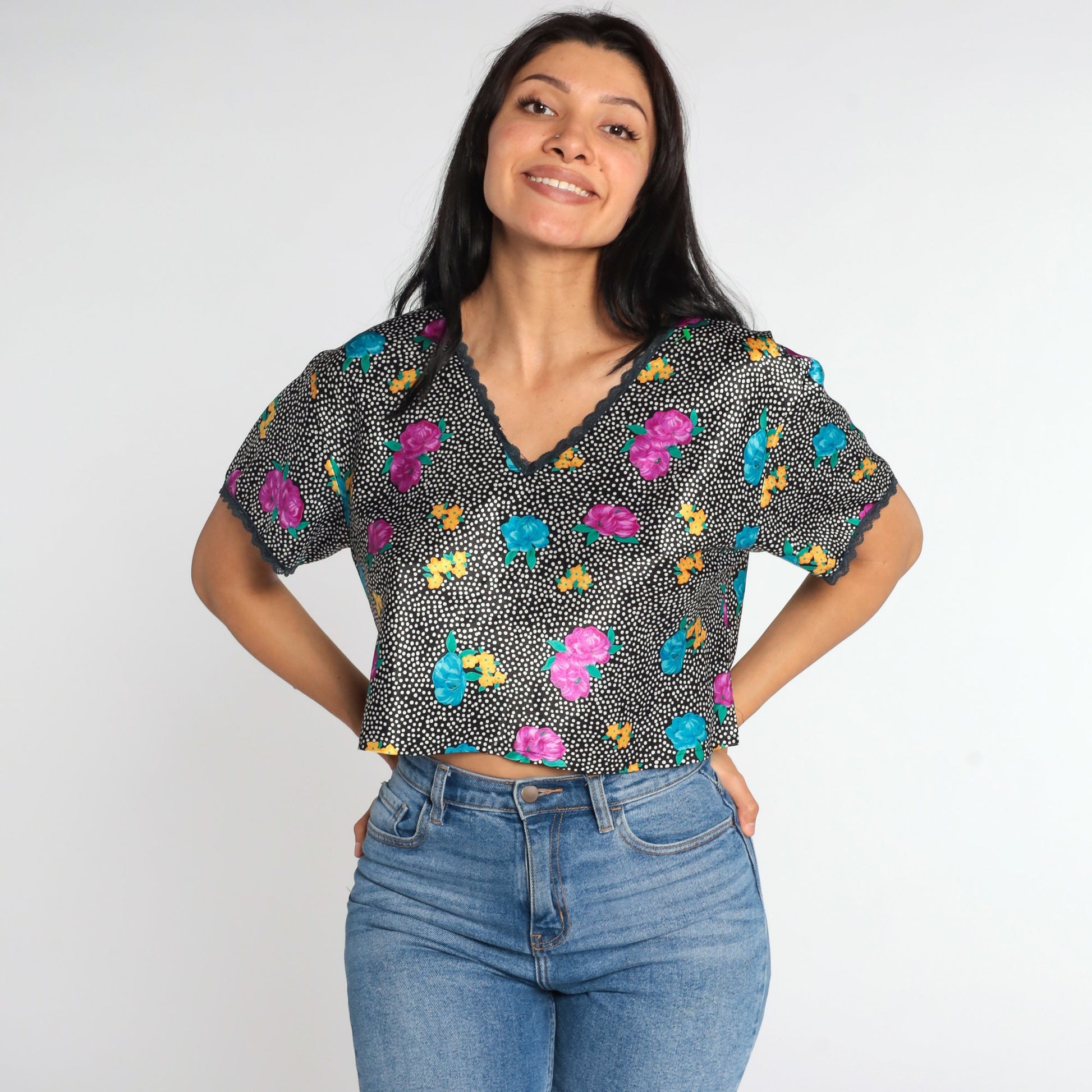 90s Black Floral Polka Dot Blouse Lace Trim V-Neck Short Sleeve Medium Large