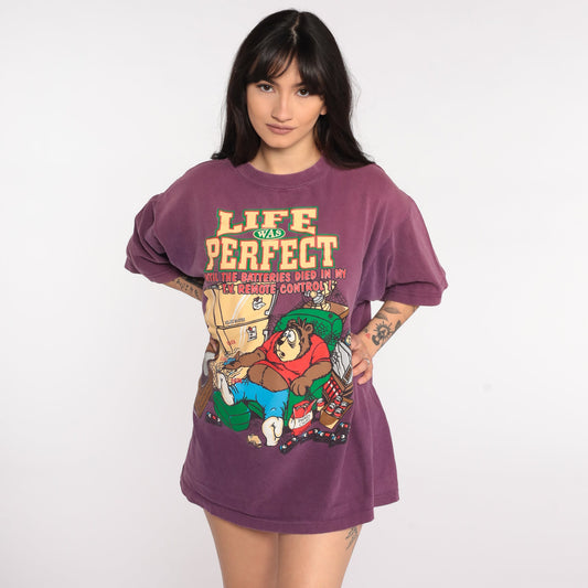 90s Couch Potato Bear Graphic T-Shirt Funny Joke Tee Large