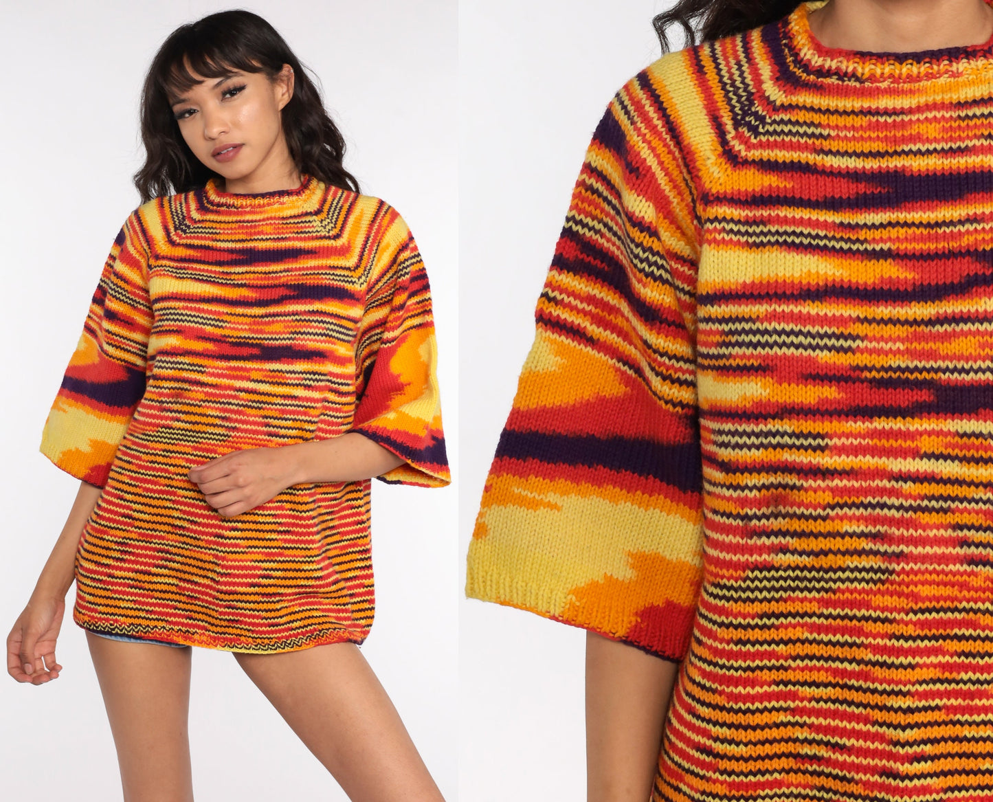 70s Space Dye Knit Sweater Wide Sleeve Pullover Orange Large L