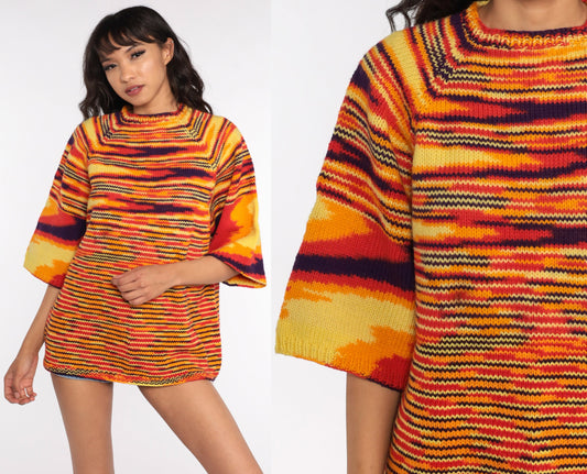 70s Space Dye Knit Sweater Wide Sleeve Pullover Orange Large L