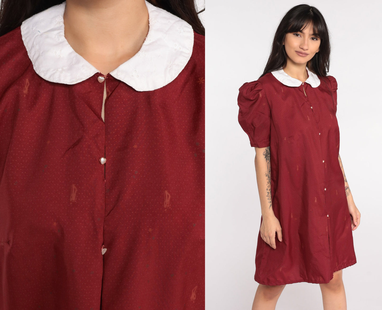 70s Novelty Print Shift Dress Dapper Man Peter Pan Collar Puff Sleeve Mini Burgundy Medium