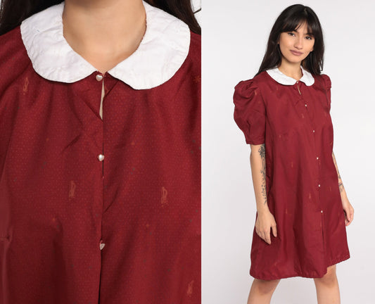 70s Novelty Print Shift Dress Dapper Man Peter Pan Collar Puff Sleeve Mini Burgundy Medium