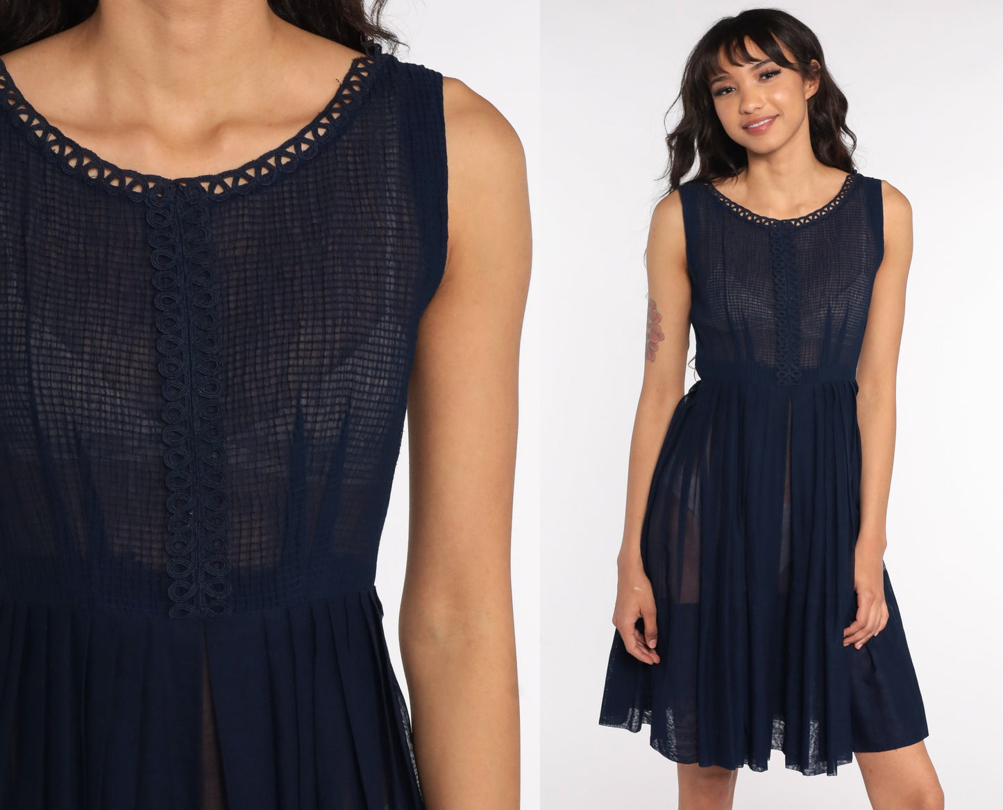 60s Navy Sheer Dress Lace Trim Pleated High Waist Knee Length Extra Small