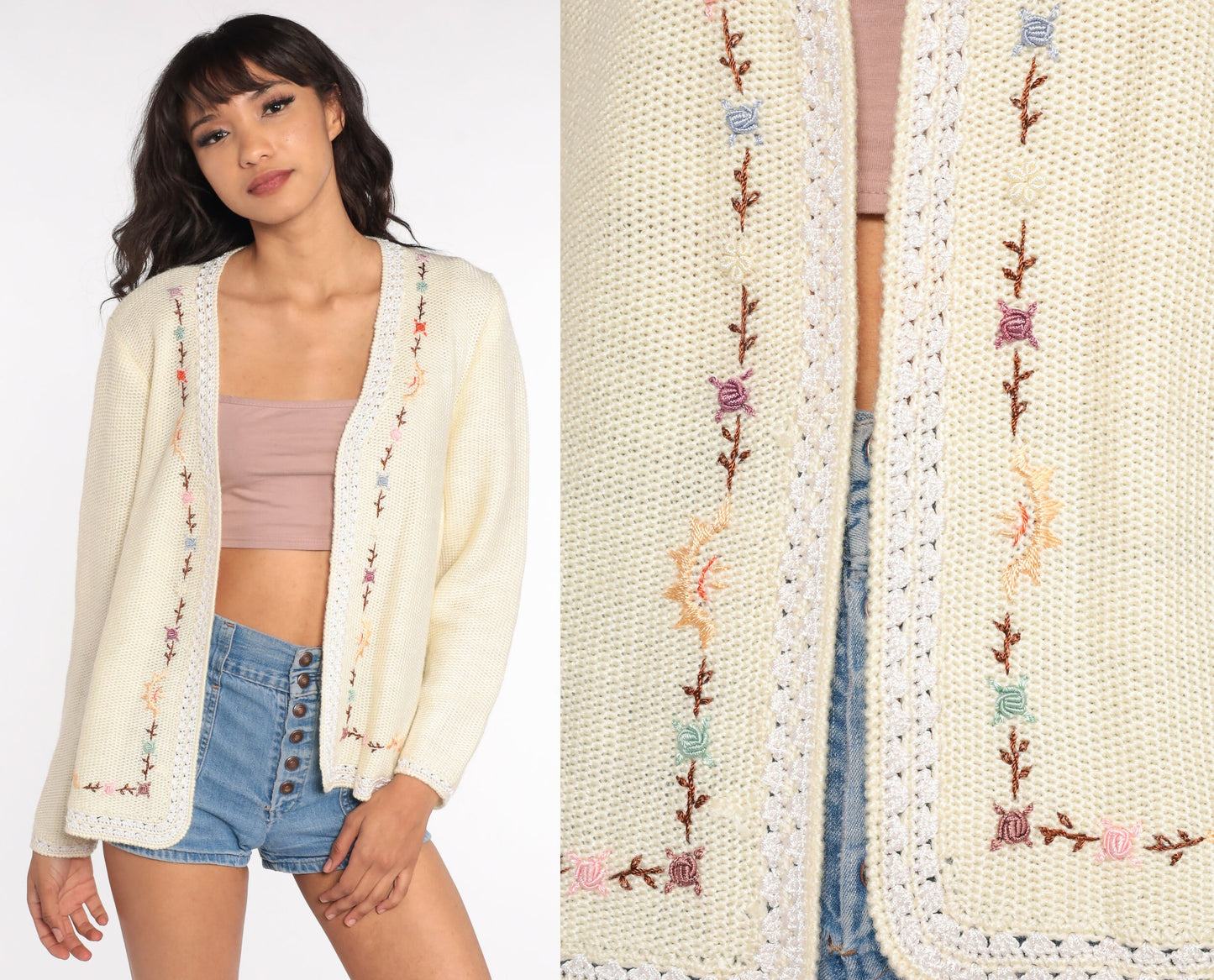 70s Floral Embroidered Cardigan Cream Knit Sweater Small Medium