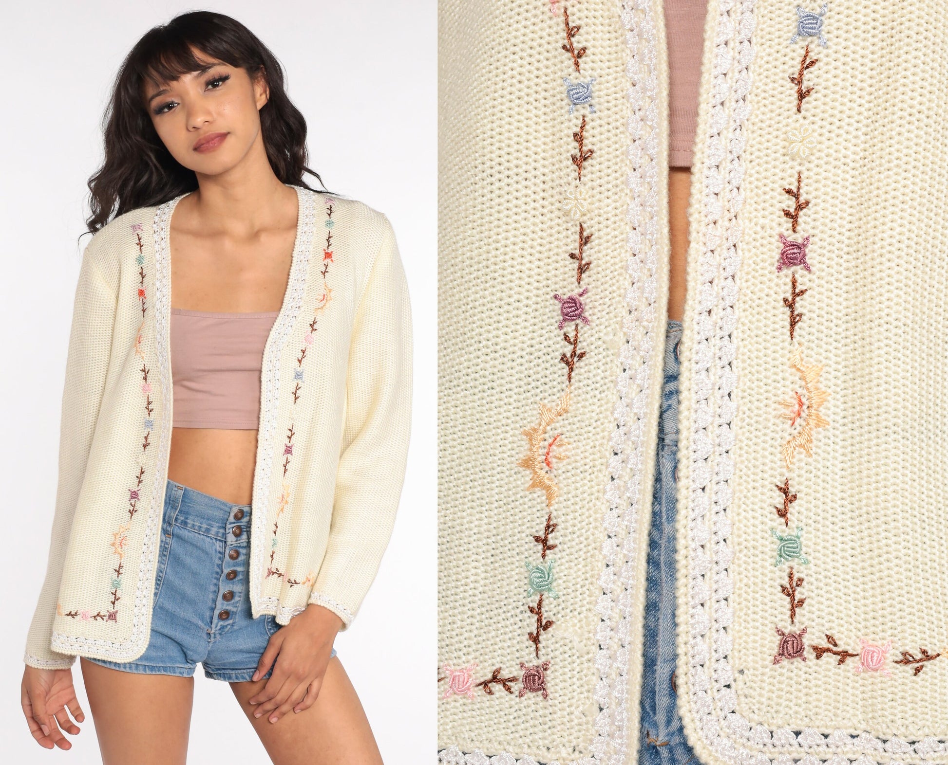70s Floral Embroidered Cardigan Cream Knit Sweater Small Medium